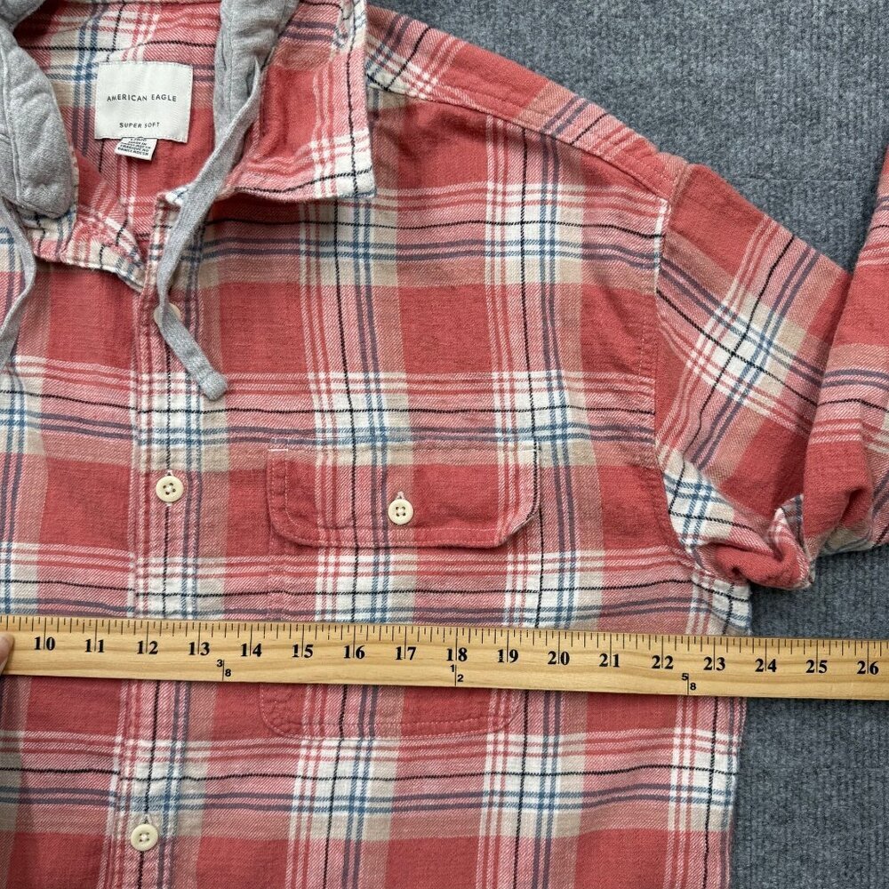 American Eagle Mens L Plaid Flannel Shirt Shacket Removeable Hood Cabincore Red - Picture 11 of 13